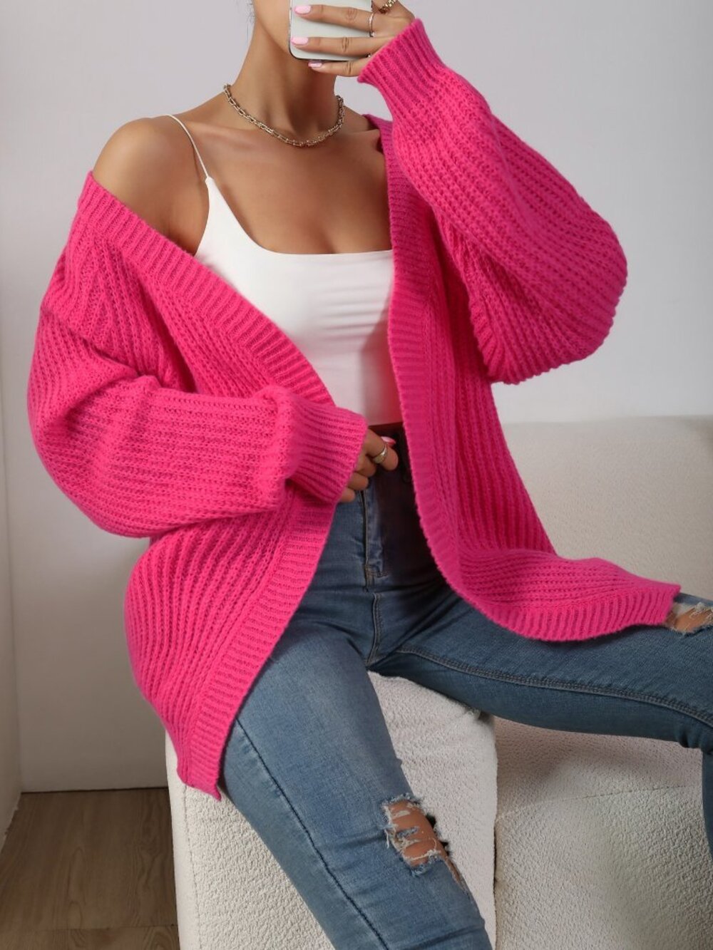 Hot Pink Casual Women's Ribbed Knit Raglan Duster Cardigan